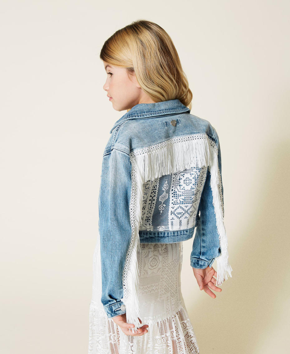 Denim jacket with lace and fringes