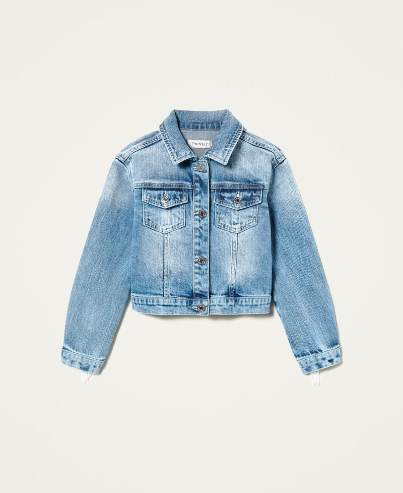 Denim jacket with lace and fringes