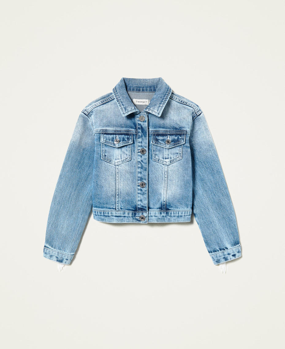 Denim jacket with lace and fringes