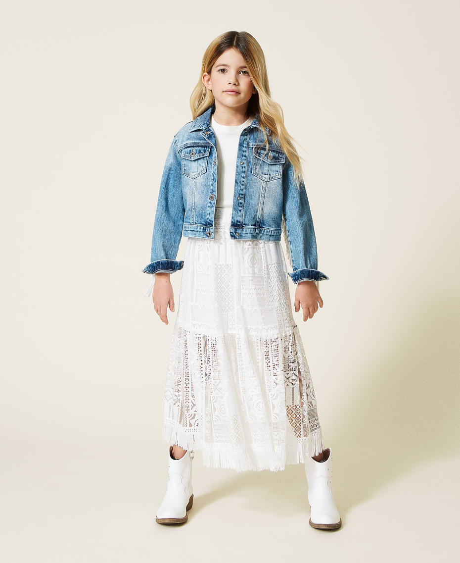 Denim jacket with lace and fringes