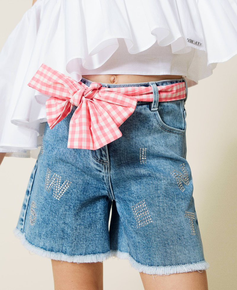 Denim shorts with rhinestone logo