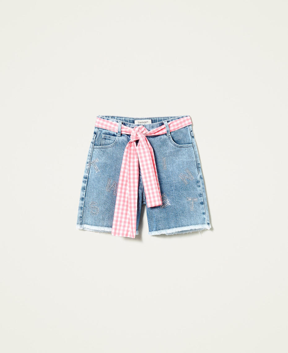 Denim shorts with rhinestone logo