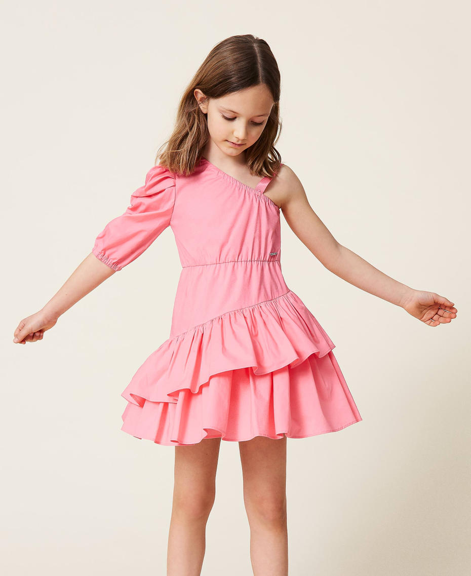 Einschultriges Kleid aus Popeline Shocking-Pink Mädchen 221GJ2Q10-01