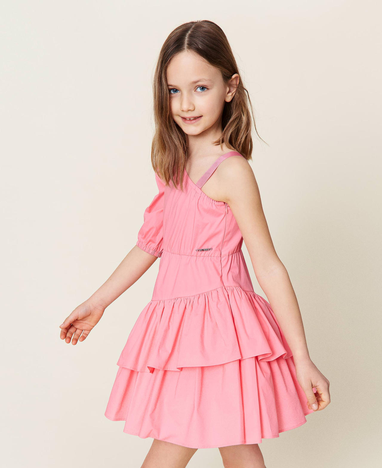 Einschultriges Kleid aus Popeline Shocking-Pink Mädchen 221GJ2Q10-02