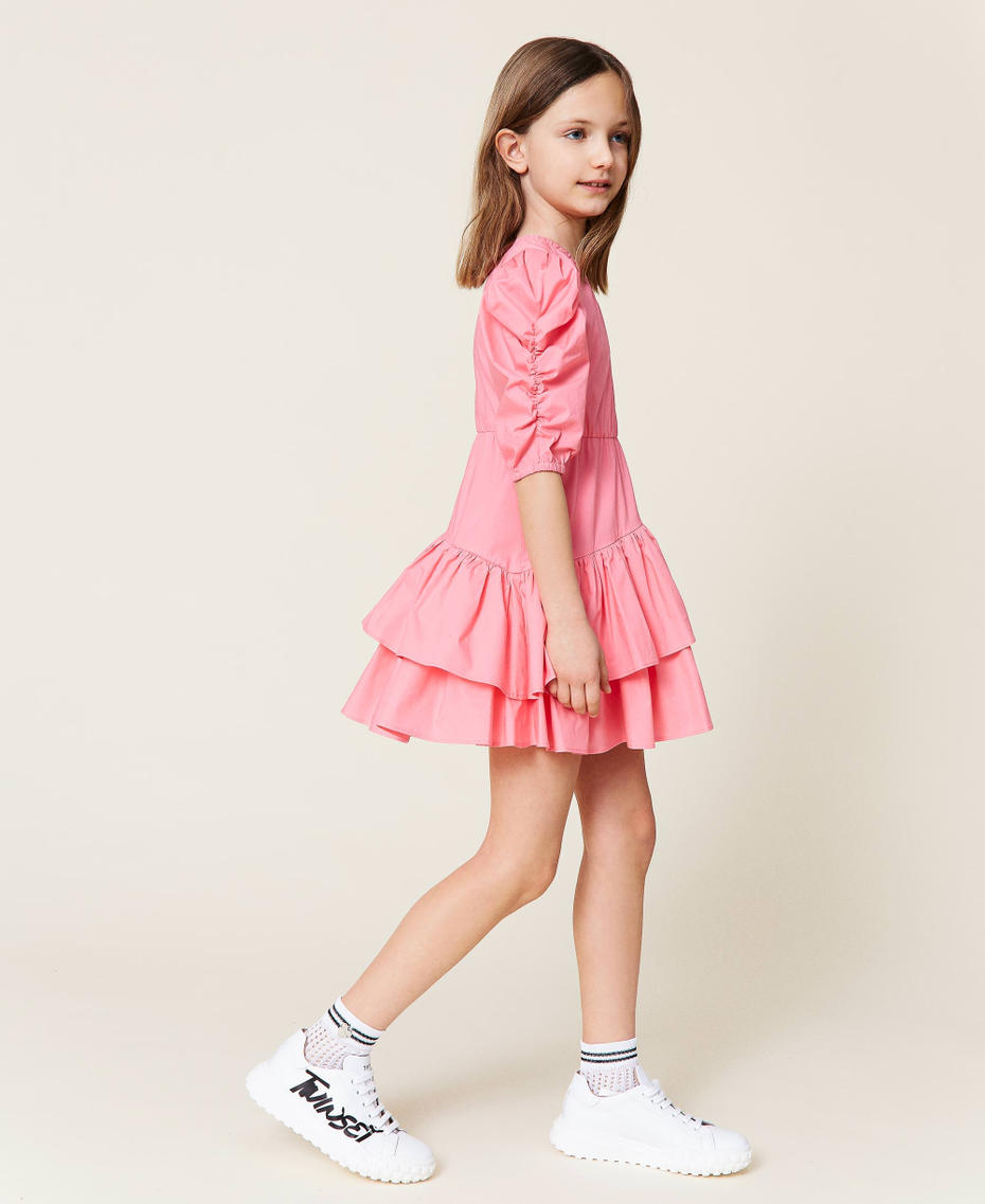 Einschultriges Kleid aus Popeline Shocking-Pink Mädchen 221GJ2Q10-03