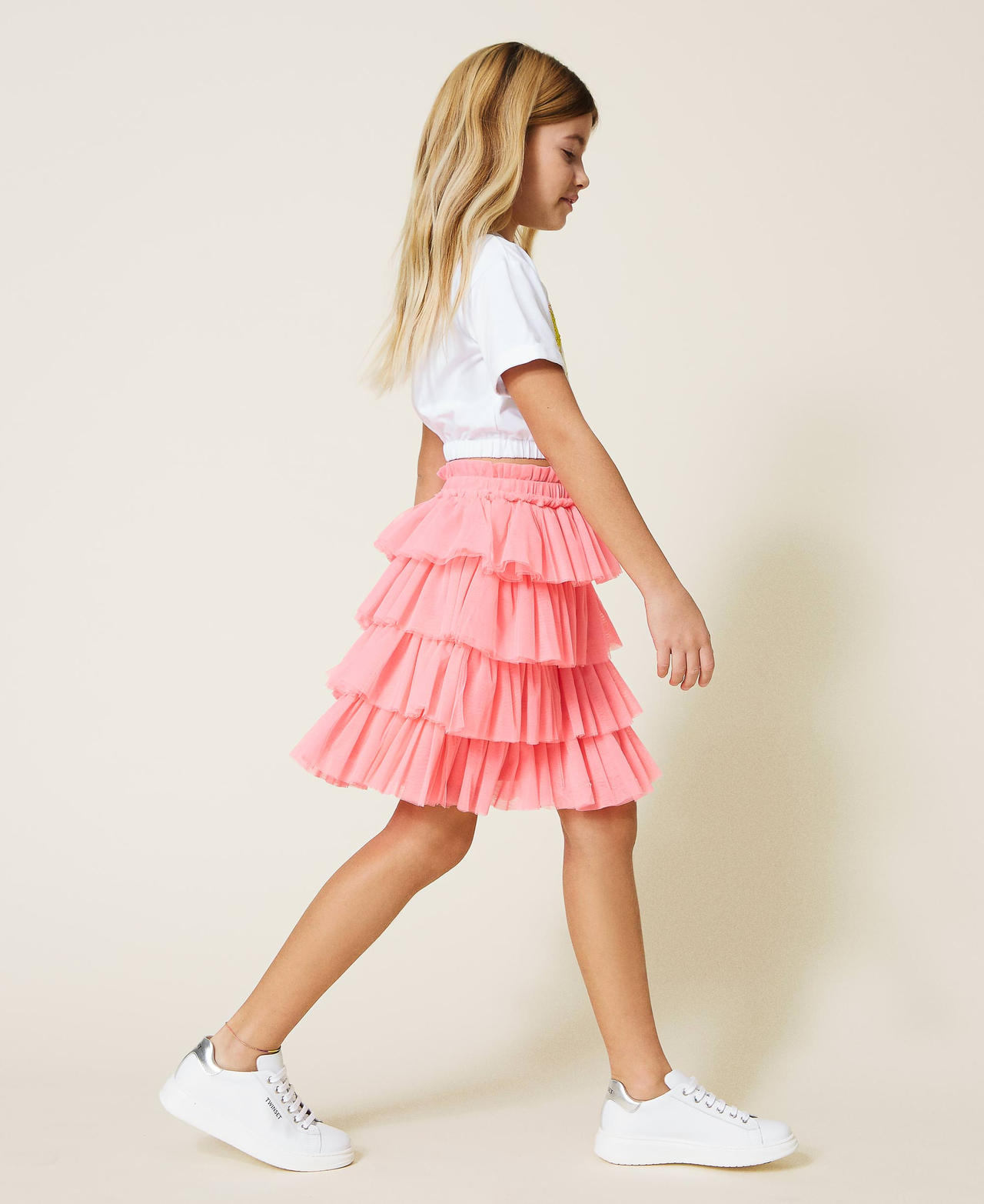 Skirt-top with tulle flounce Shocking Pink Girl 221GJ2Q40-03
