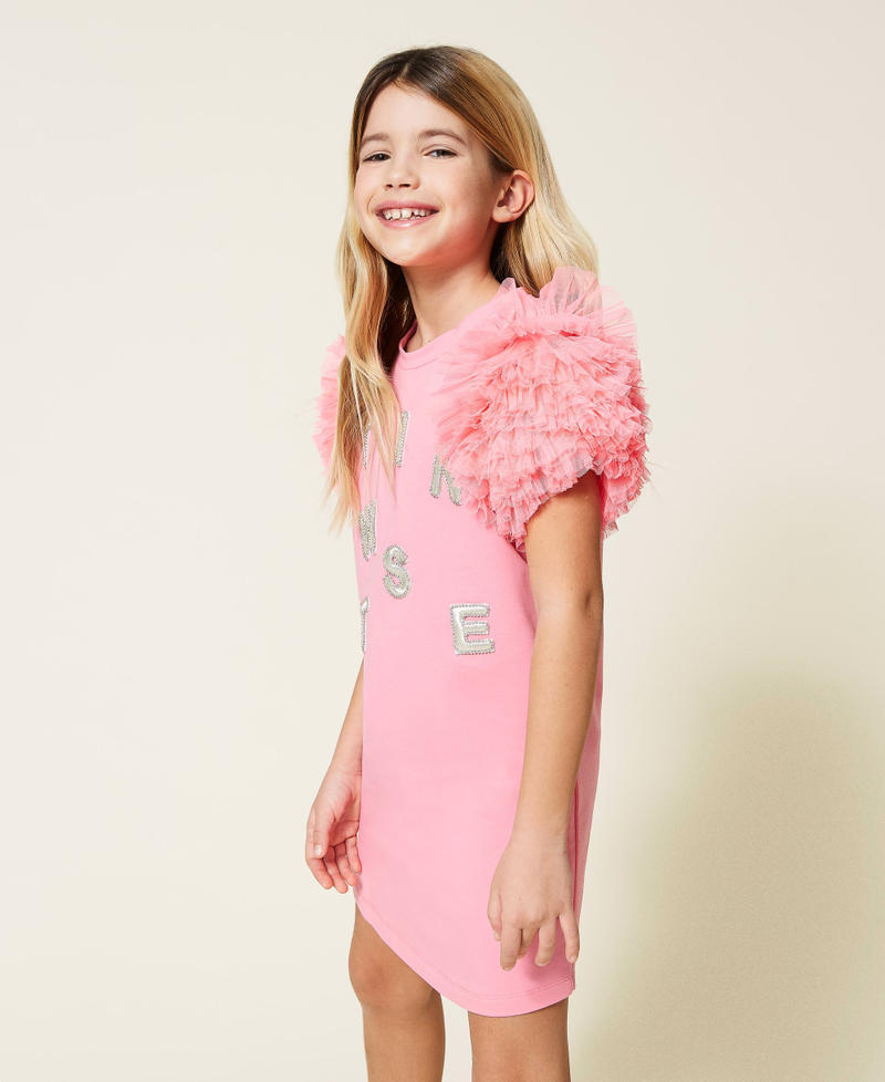 Plush fabric dress with logo and tulle Shocking Pink Girl 221GJ2Q41-03