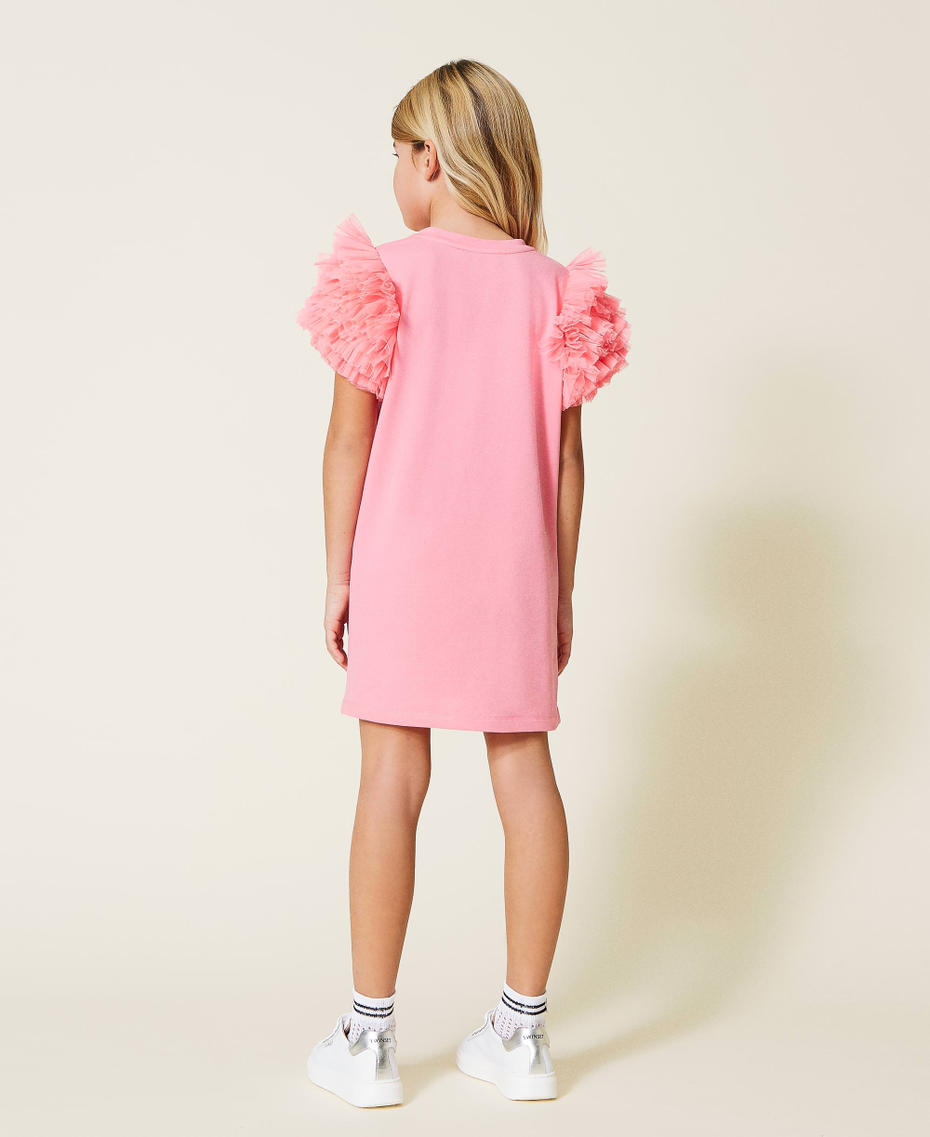 Plush fabric dress with logo and tulle Shocking Pink Girl 221GJ2Q41-04