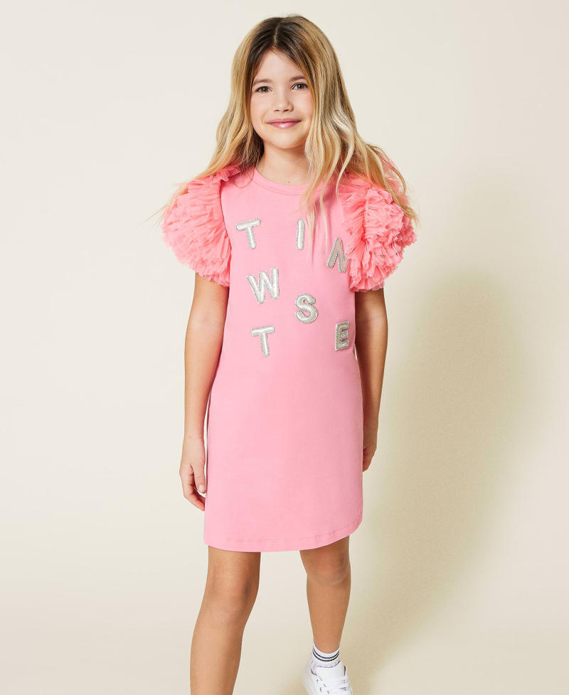Plush fabric dress with logo and tulle Shocking Pink Girl 221GJ2Q41-05