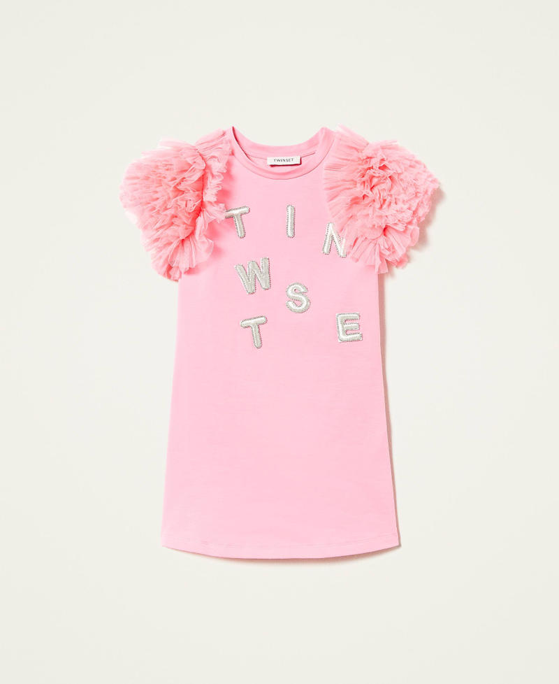 Plush fabric dress with logo and tulle Shocking Pink Girl 221GJ2Q41-0S