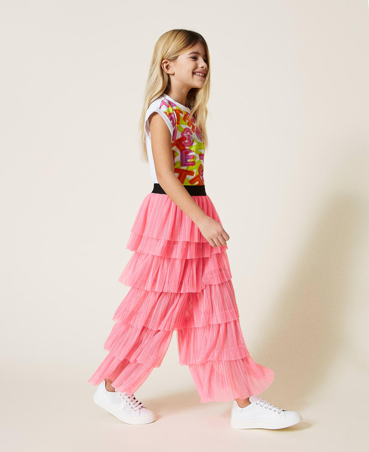 Pleated tulle trousers Shocking Pink Girl 221GJ2Q47-02