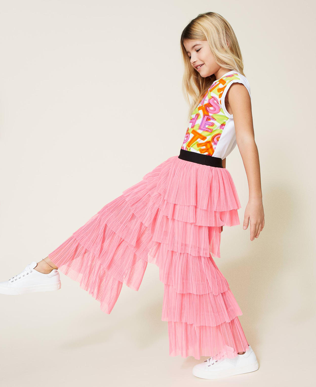Pleated tulle trousers Shocking Pink Girl 221GJ2Q47-03