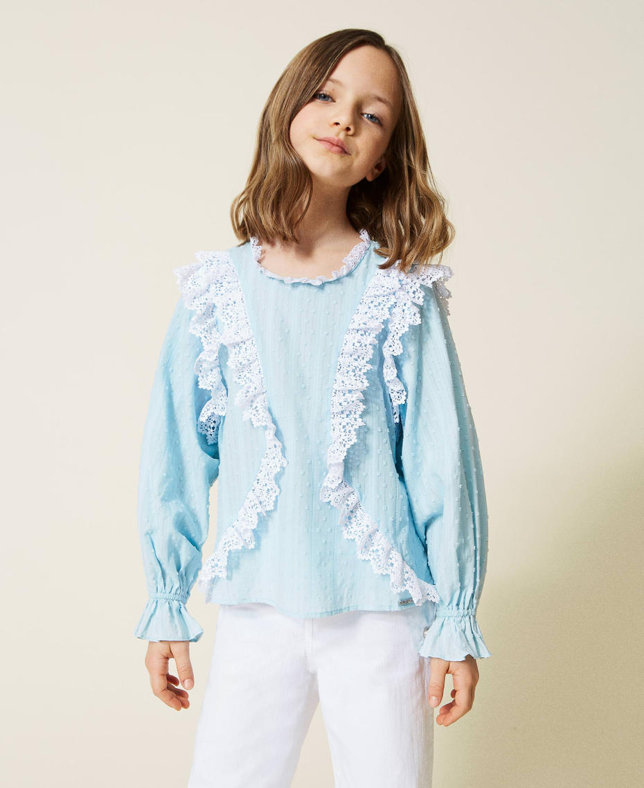 Muslin blouse with lace "Cool Blue” Light Blue Girl 221GJ2Q51-05