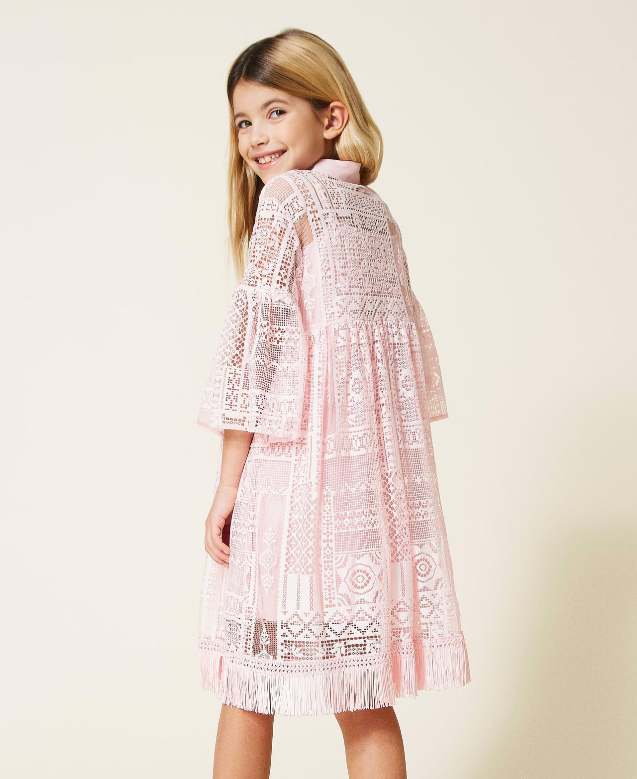 Midi poplin and lace dress Chalk Pink Girl 221GJ2Q64-03