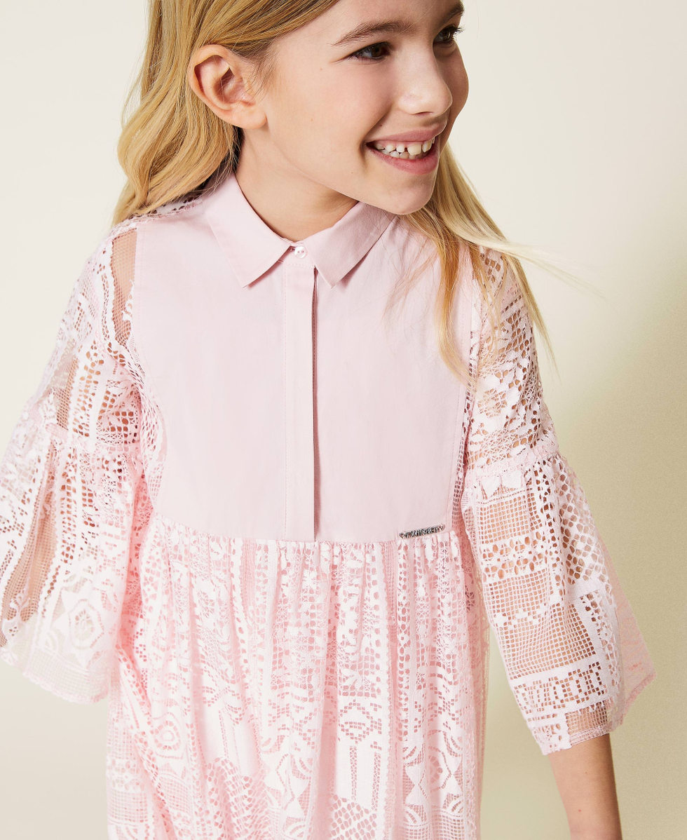 Midi poplin and lace dress Girl, Pink | TWINSET Milano