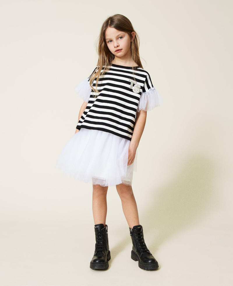 Dress with tulle and striped jumper set Off White Stripe Two-tone Black / Off White Girl 221GJ3182-01
