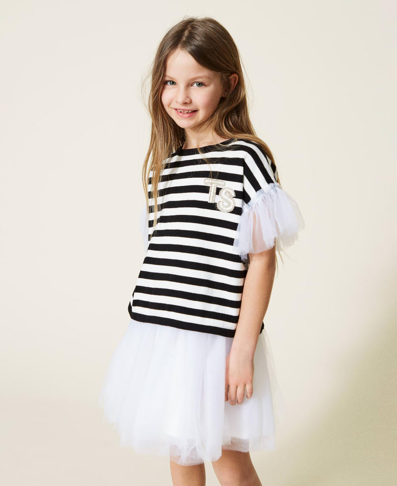 Dress with tulle and striped jumper set Off White Stripe Two-tone Black / Off White Girl 221GJ3182-02