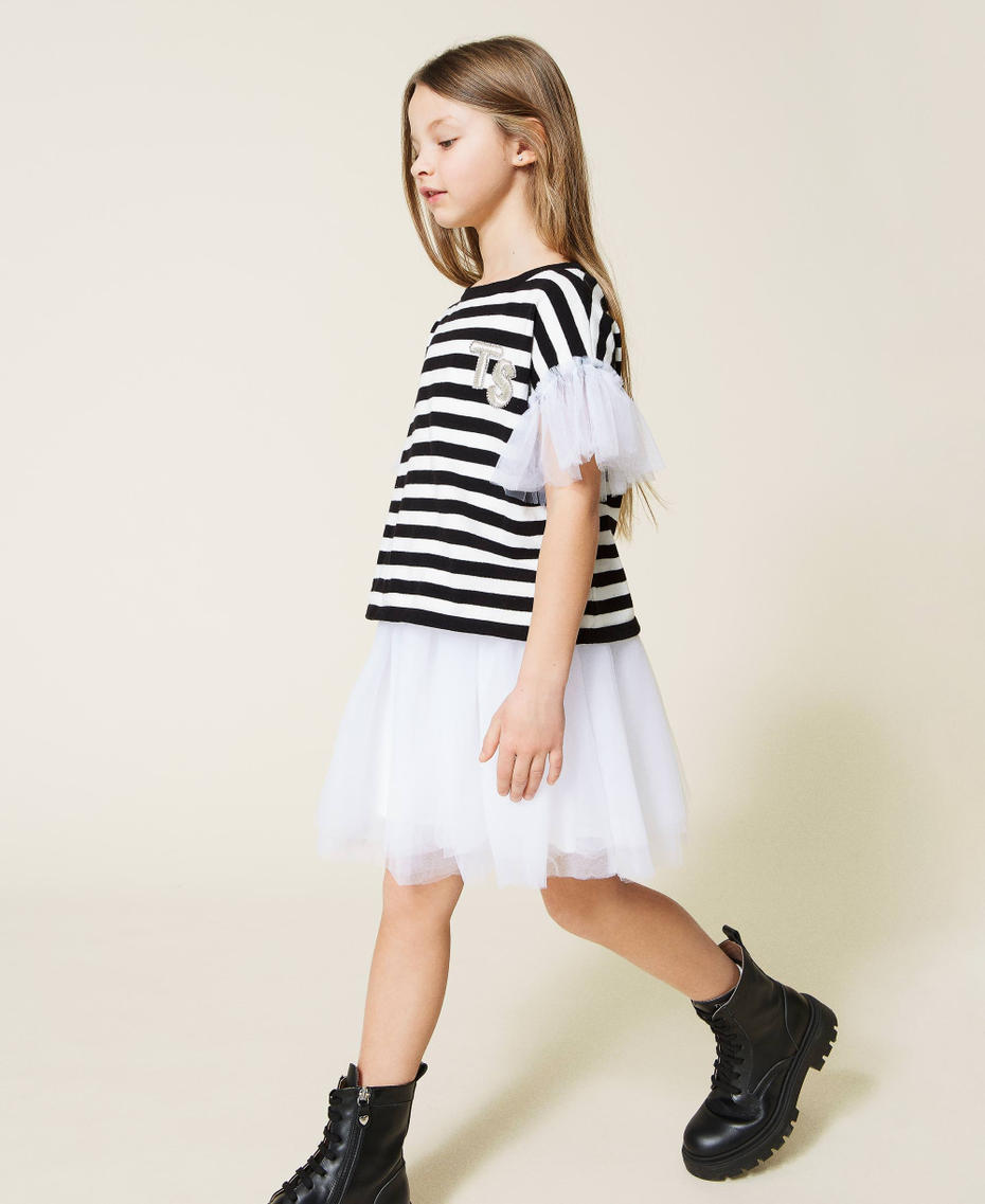 Dress with tulle and striped jumper set Off White Stripe Two-tone Black / Off White Girl 221GJ3182-03