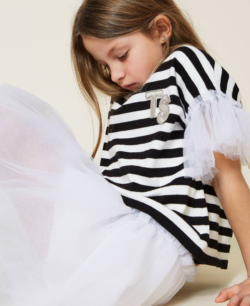 Dress with tulle and striped jumper set Off White Stripe Two-tone Black / Off White Girl 221GJ3182-05