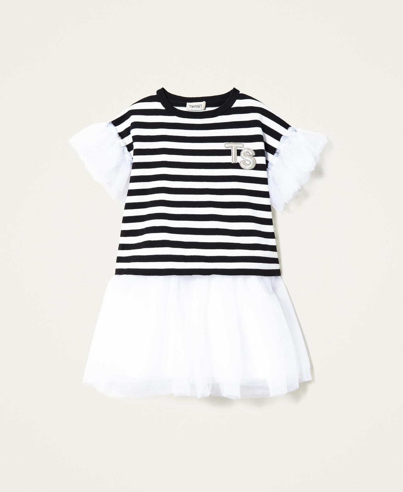 Dress with tulle and striped jumper set Off White Stripe Two-tone Black / Off White Girl 221GJ3182-0S