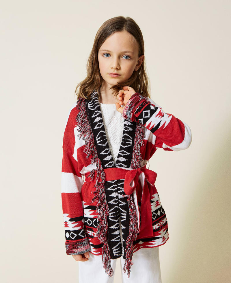Jacquard cardigan with fringes "Fire Red" / Black / Off White Ethnic Jacquard Girl 221GJ318A-01