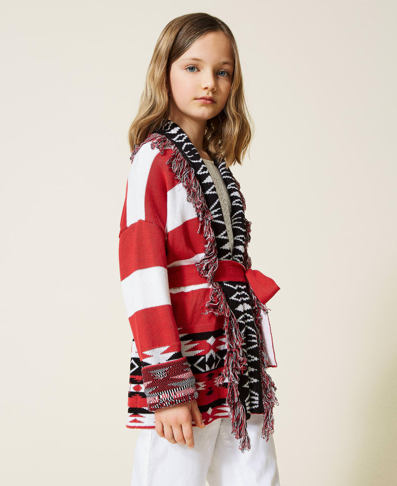 Jacquard cardigan with fringes "Fire Red" / Black / Off White Ethnic Jacquard Girl 221GJ318A-02