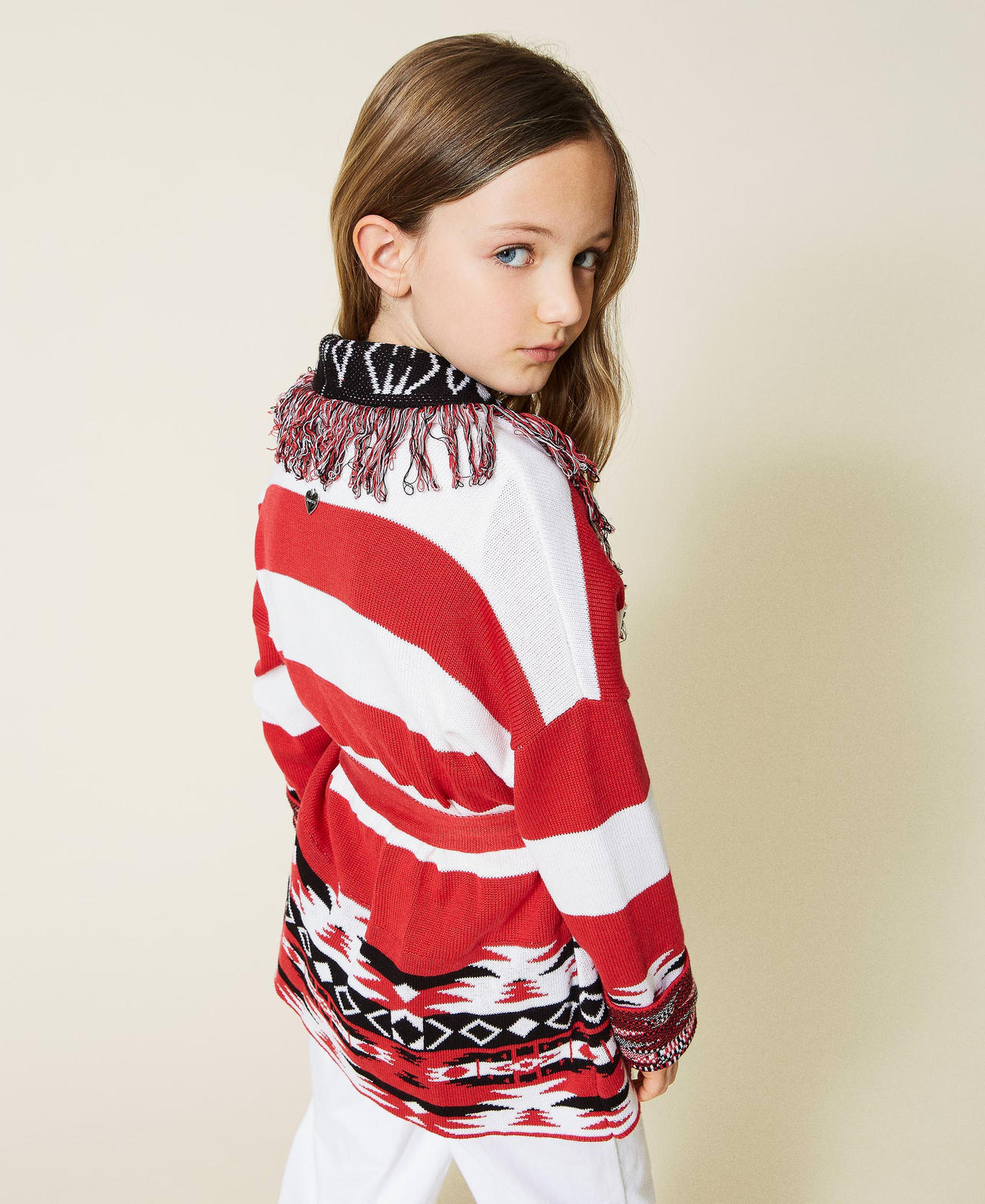 Jacquard cardigan with fringes "Fire Red" / Black / Off White Ethnic Jacquard Girl 221GJ318A-03