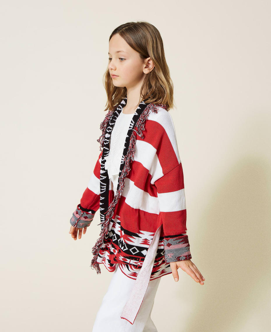 Jacquard cardigan with fringes "Fire Red" / Black / Off White Ethnic Jacquard Girl 221GJ318A-04