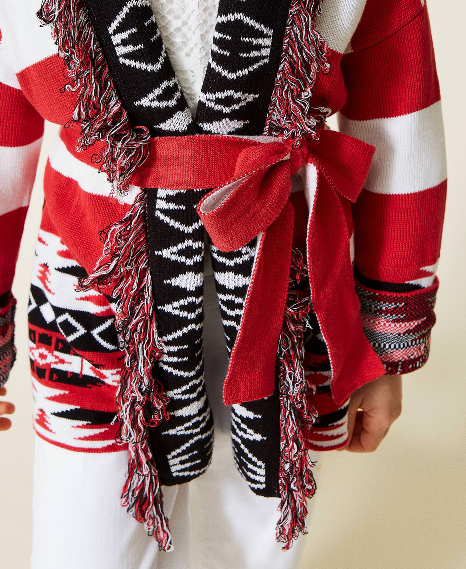 Jacquard cardigan with fringes "Fire Red" / Black / Off White Ethnic Jacquard Girl 221GJ318A-05