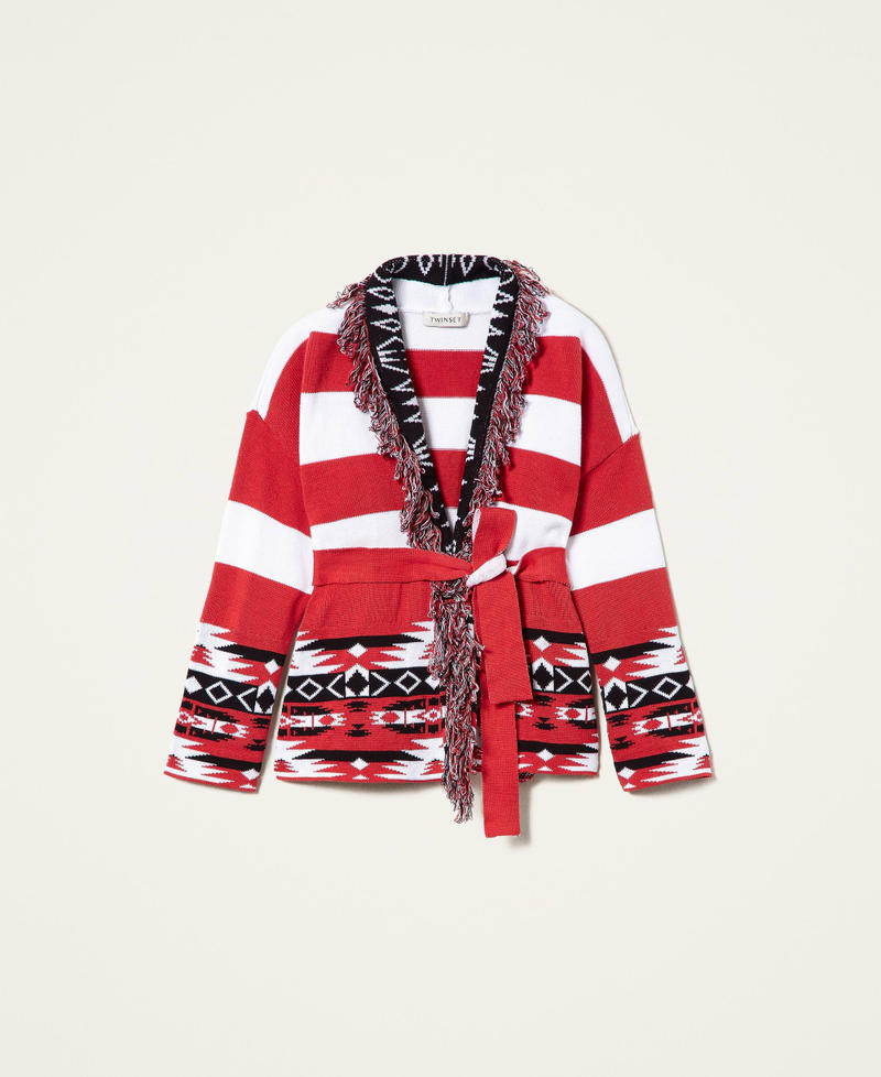 Jacquard cardigan with fringes "Fire Red" / Black / Off White Ethnic Jacquard Girl 221GJ318A-0S