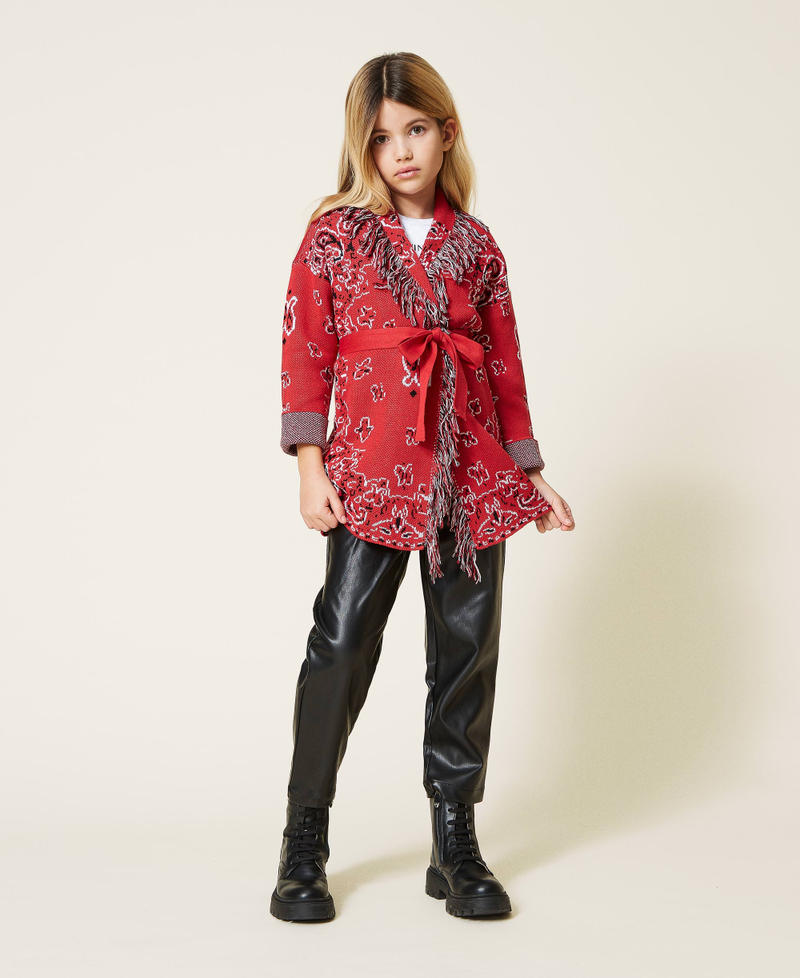 Jacquard cardigan with fringes "Fire Red" / Black / Off White Paisley Jacquard Girl 221GJ3T60-01