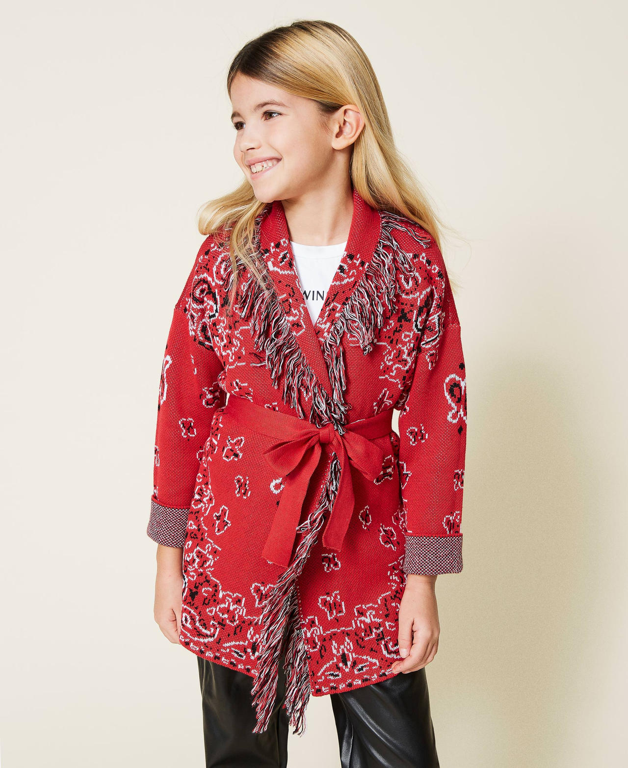 Jacquard cardigan with fringes "Fire Red" / Black / Off White Paisley Jacquard Girl 221GJ3T60-02