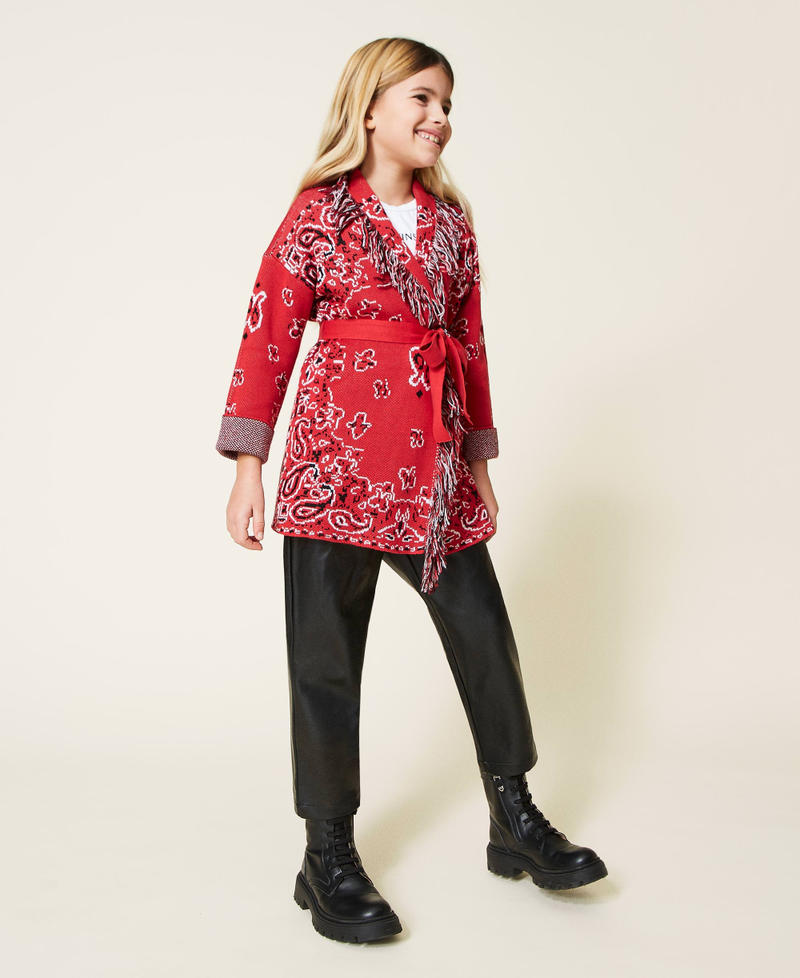 Jacquard cardigan with fringes "Fire Red" / Black / Off White Paisley Jacquard Girl 221GJ3T60-03