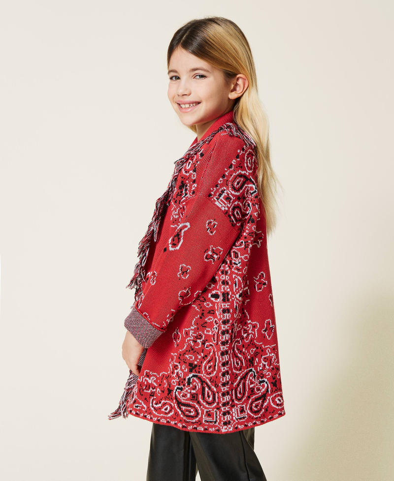 Jacquard cardigan with fringes "Fire Red" / Black / Off White Paisley Jacquard Girl 221GJ3T60-05