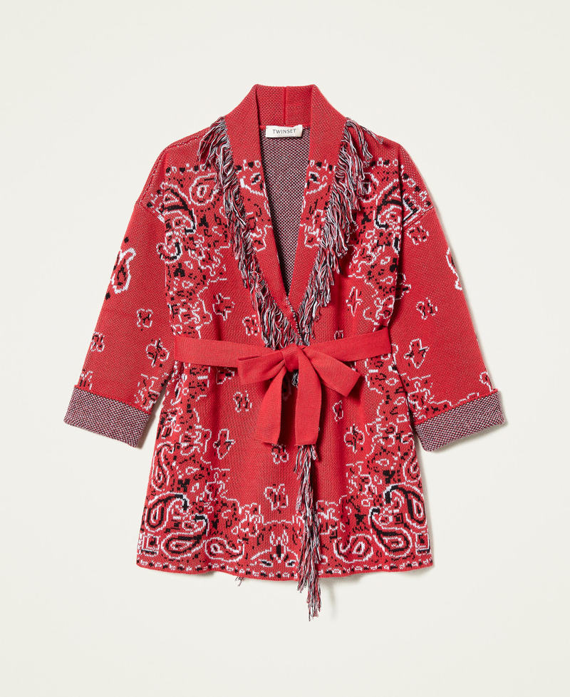 Jacquard cardigan with fringes "Fire Red" / Black / Off White Paisley Jacquard Girl 221GJ3T60-0S