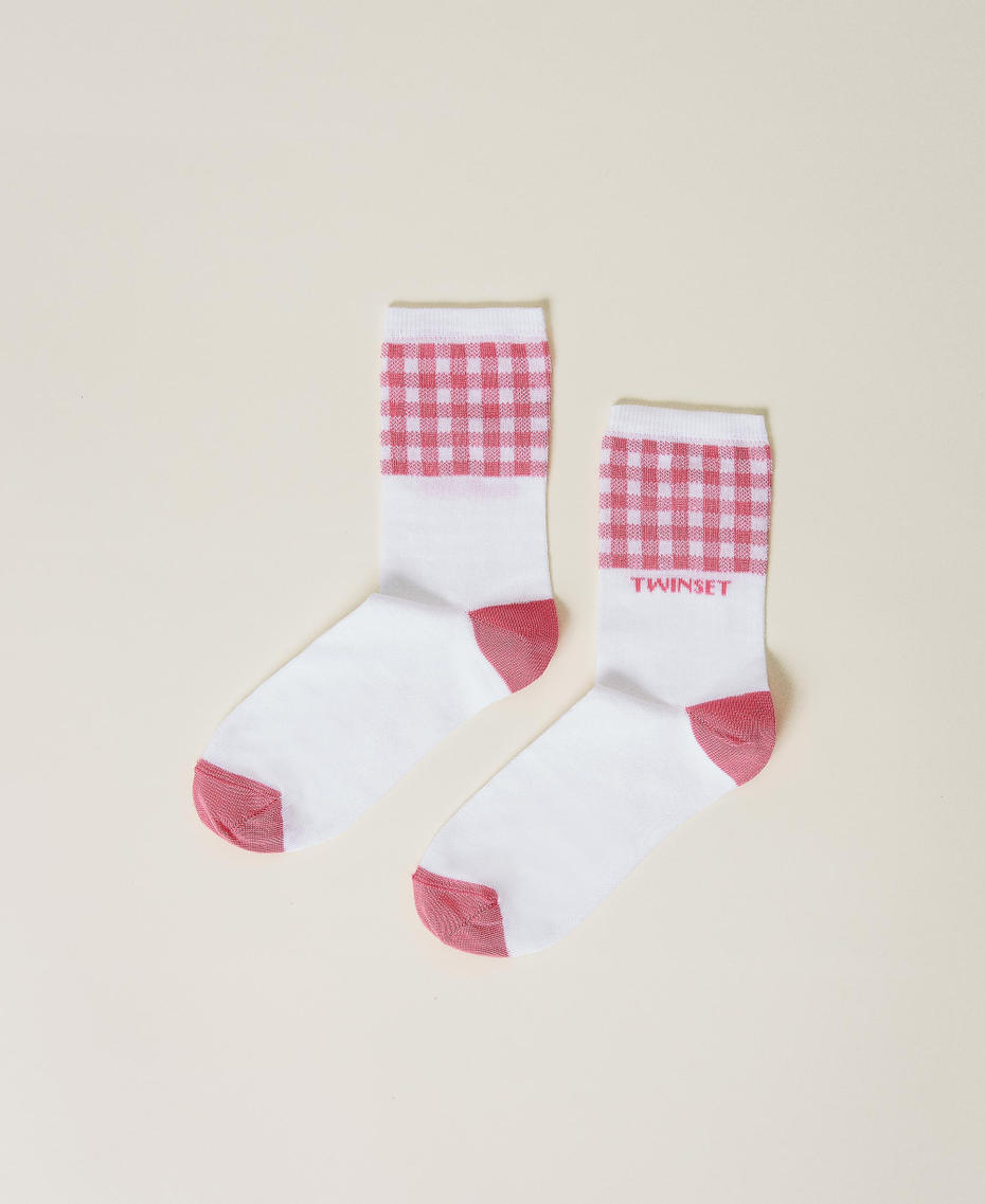 Gingham pattern socks with logo Two-tone Off White / Shocking Pink Girl 221GJ4911-01