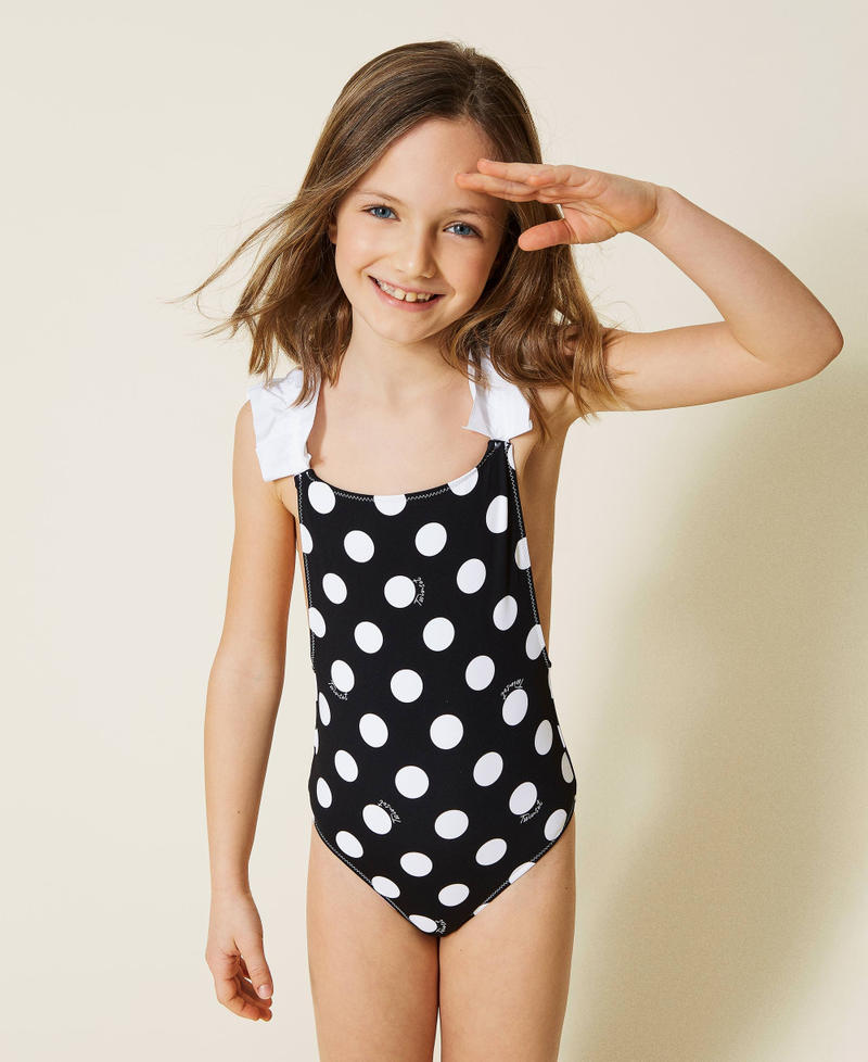 Polka dot one-piece swimsuit with logo Polka Dot Print Black Background Girl 221GJM904-02