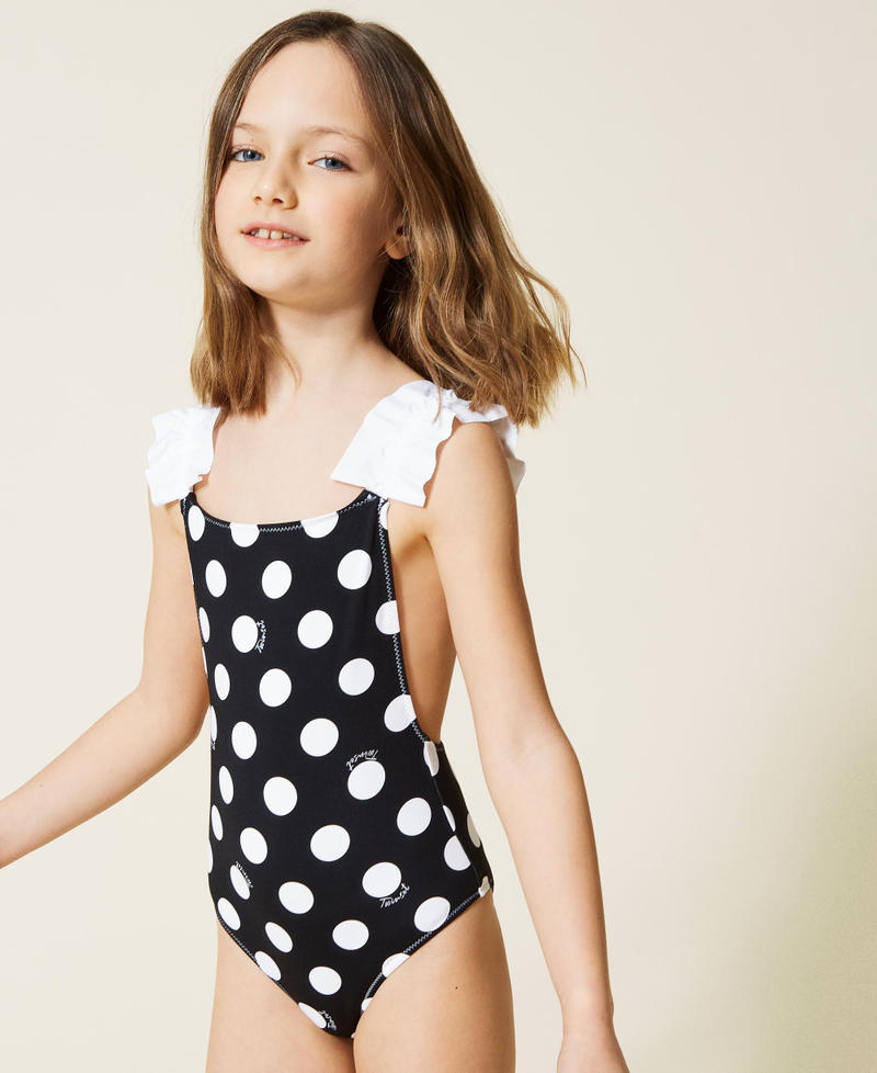Polka dot one-piece swimsuit with logo Polka Dot Print Black Background Girl 221GJM904-03