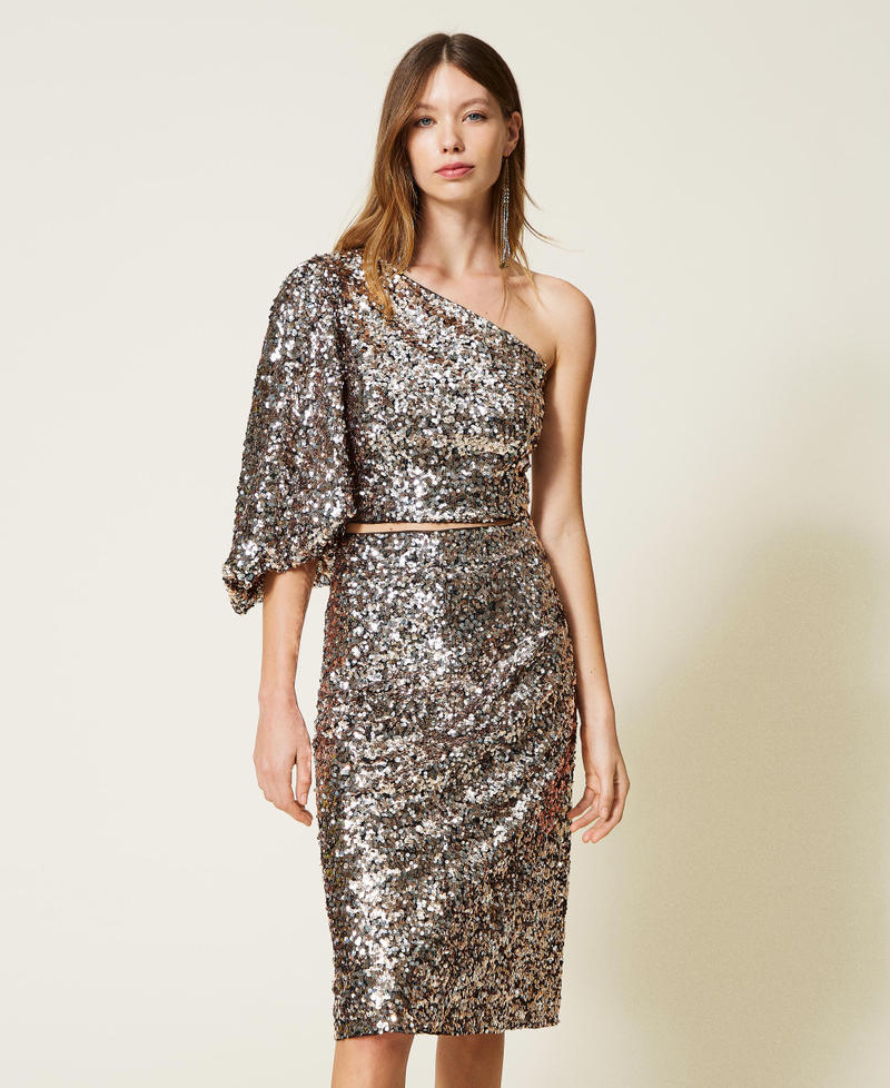 Full sequin one-shoulder top "Hazel Brown" Woman 221LB27EE_06686_02