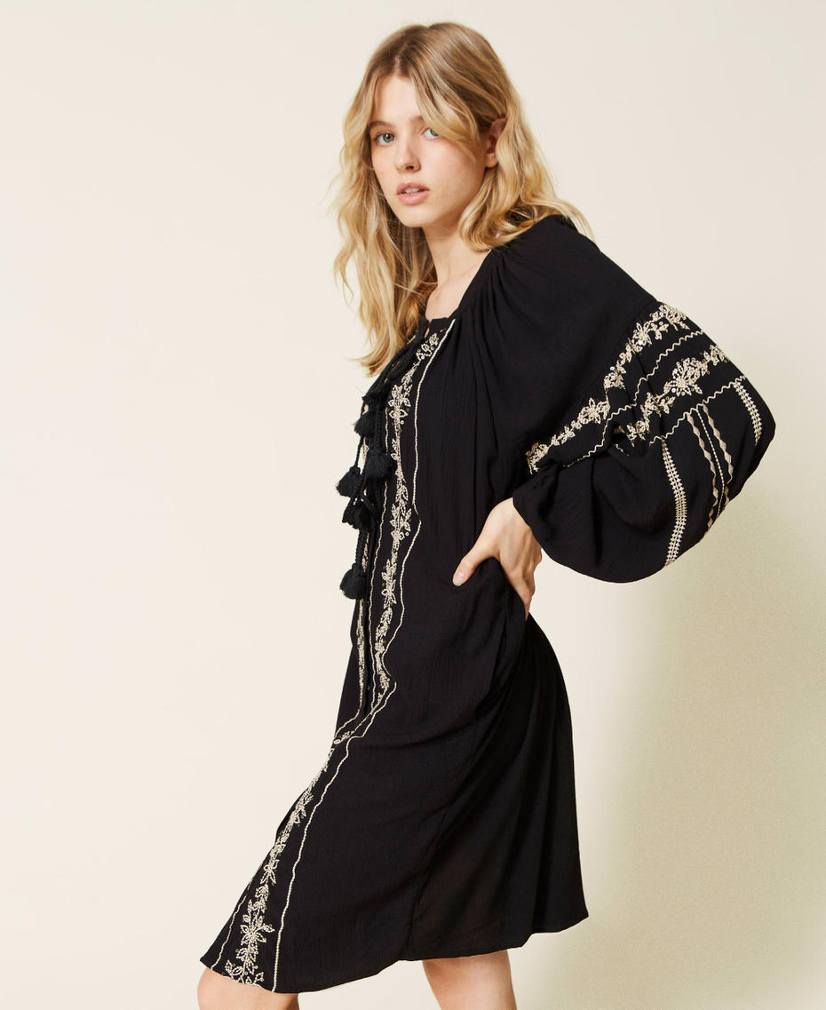 Creponne kaftan with embroidery Two-tone Black / Rope Woman 221LB2DBB-04