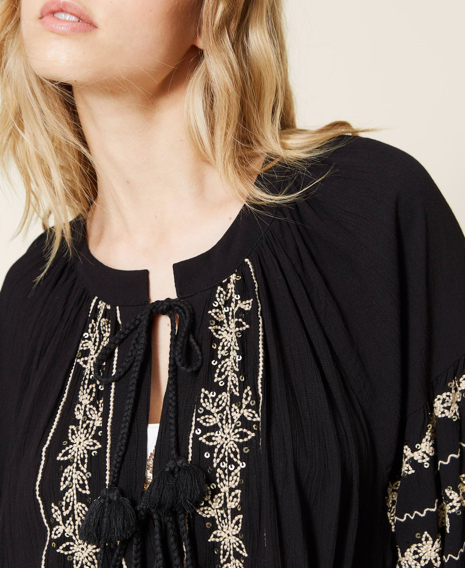 Creponne kaftan with embroidery Two-tone Black / Rope Woman 221LB2DBB-06