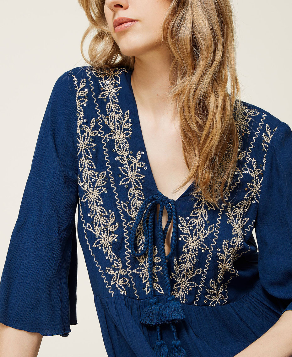 Long kaftan with embroidery and sequins Two-tone "Summer Blue" / Rope Woman 221LB2DFF-04