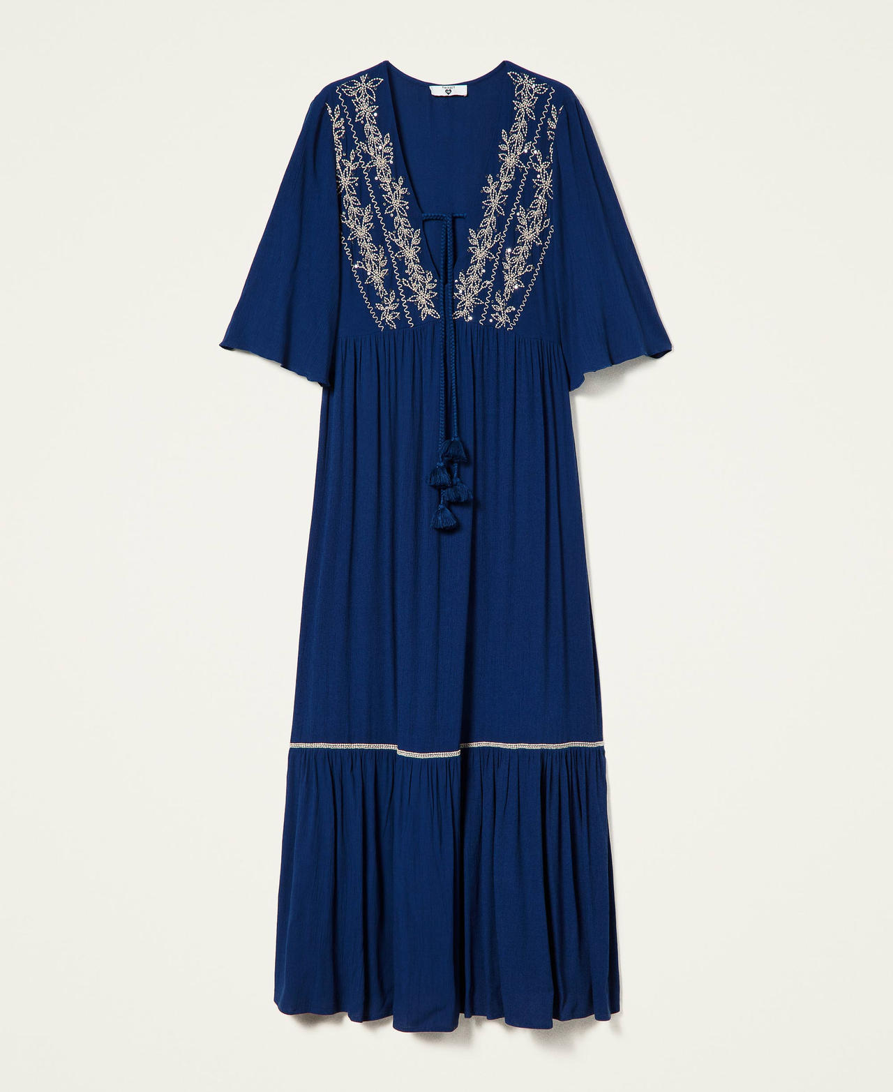 Длинное платье-кафтан с вышивкой и пайетками Двухцветный Синий "Летняя синева" / Веревка женщина 221LB2DFF-0S