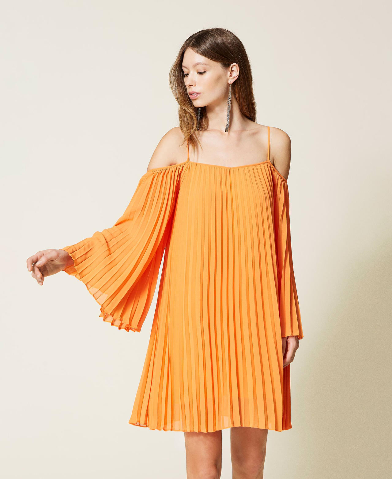 Pleated georgette dress Woman Orange TWINSET Milano