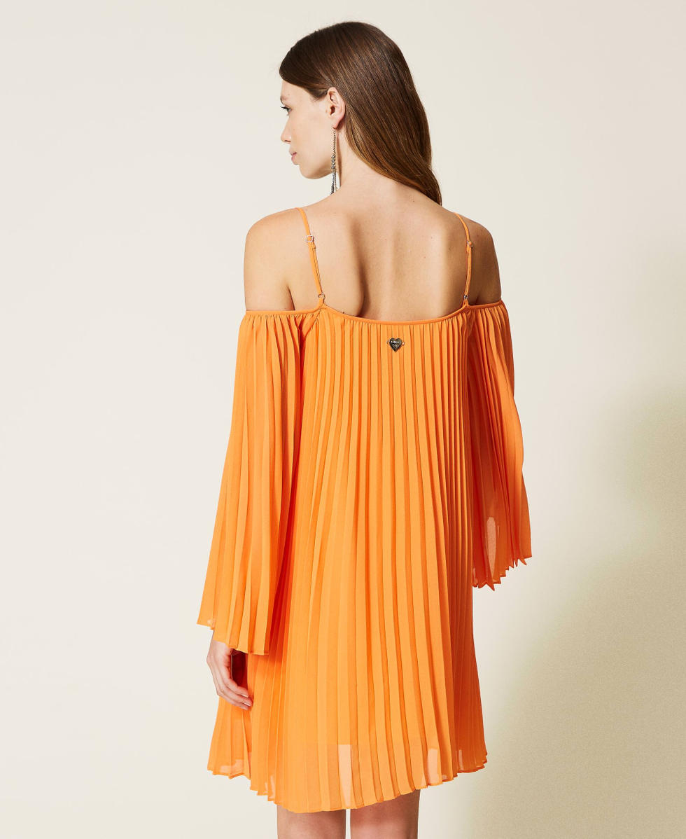 Self portrait orange off shoulder pleated chiffon dress on sale