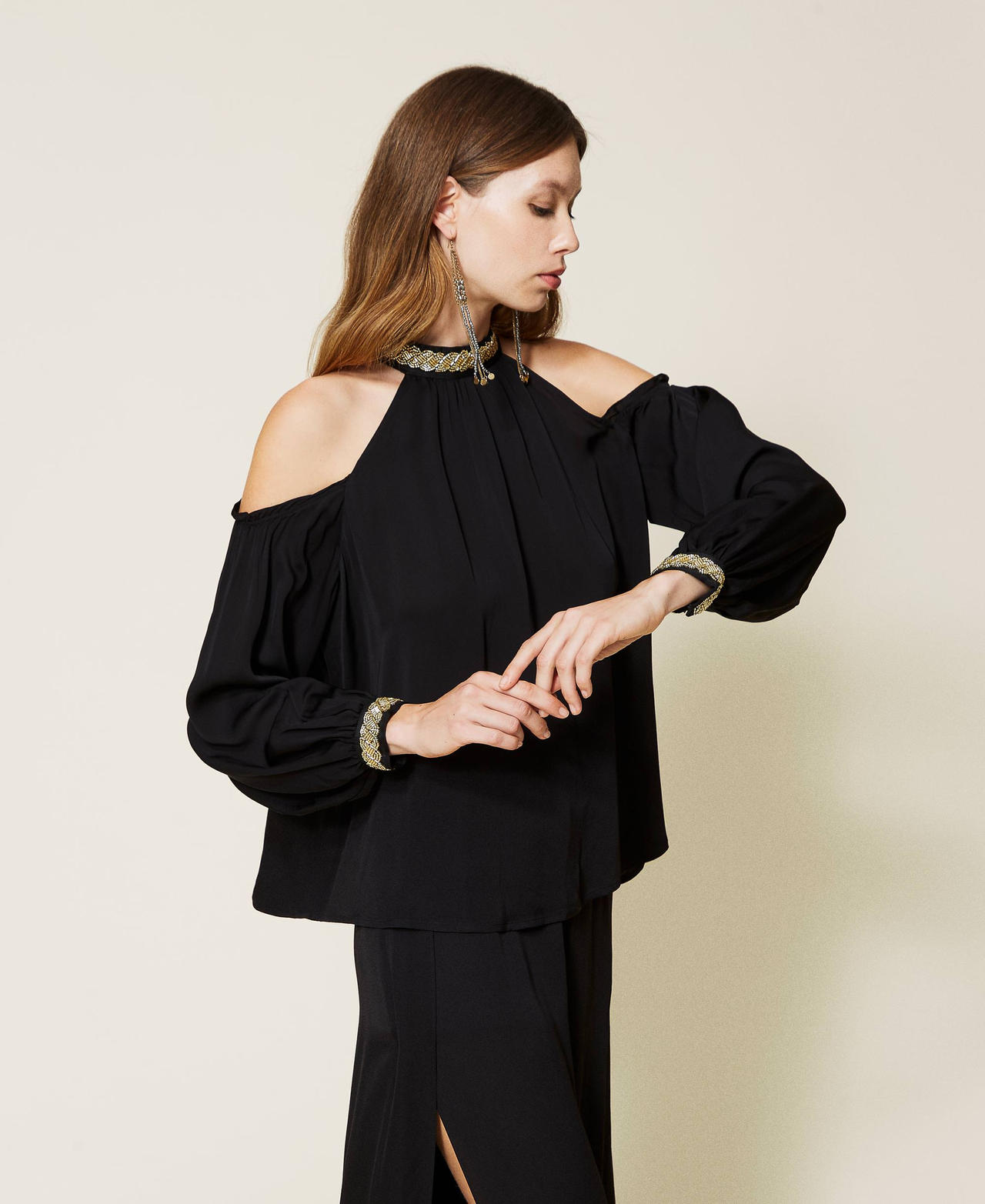 Блузка из жоржета с вышивкой Черный женщина 221LB2GAA-02