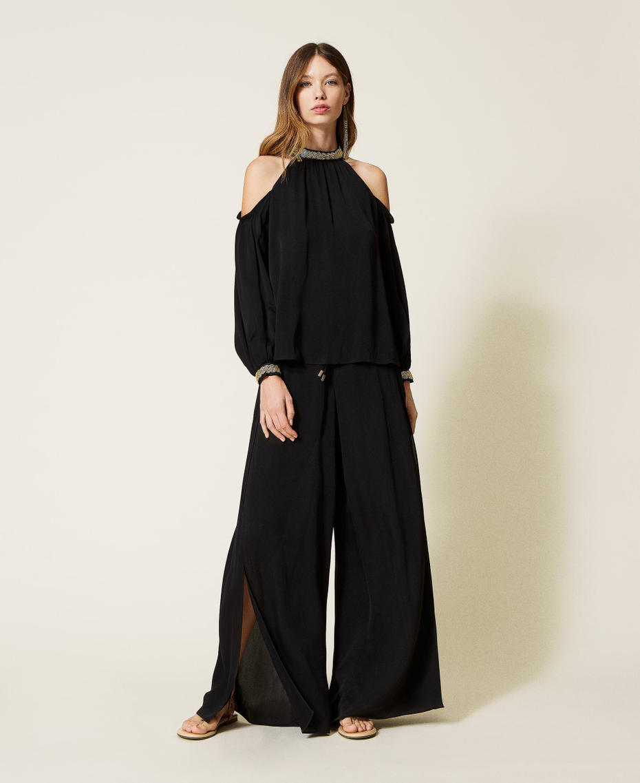 Pleated satin palazzo trousers Black Woman 221LB2GEE-01