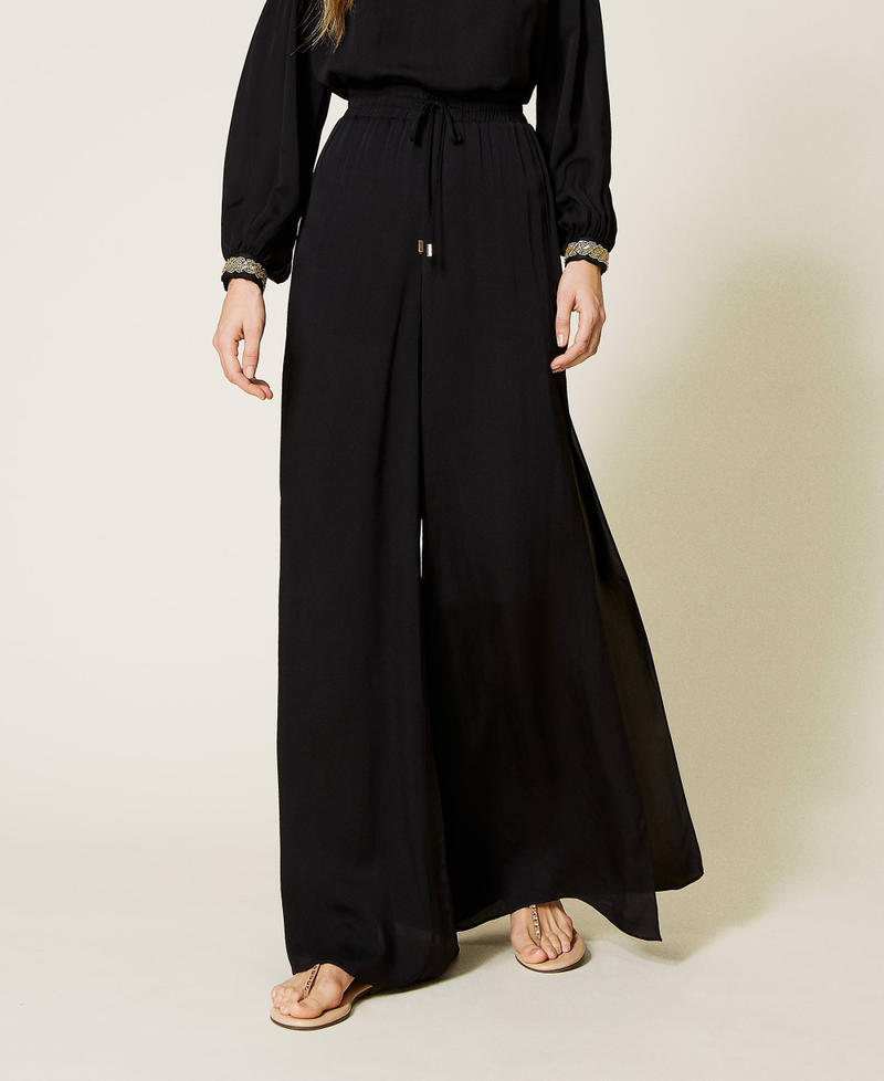 Pleated satin palazzo trousers Black Woman 221LB2GEE-04