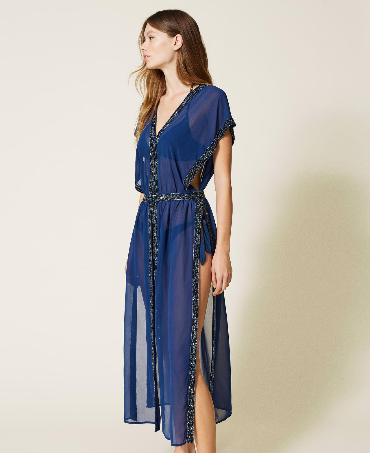 Long georgette kaftan with embroidery