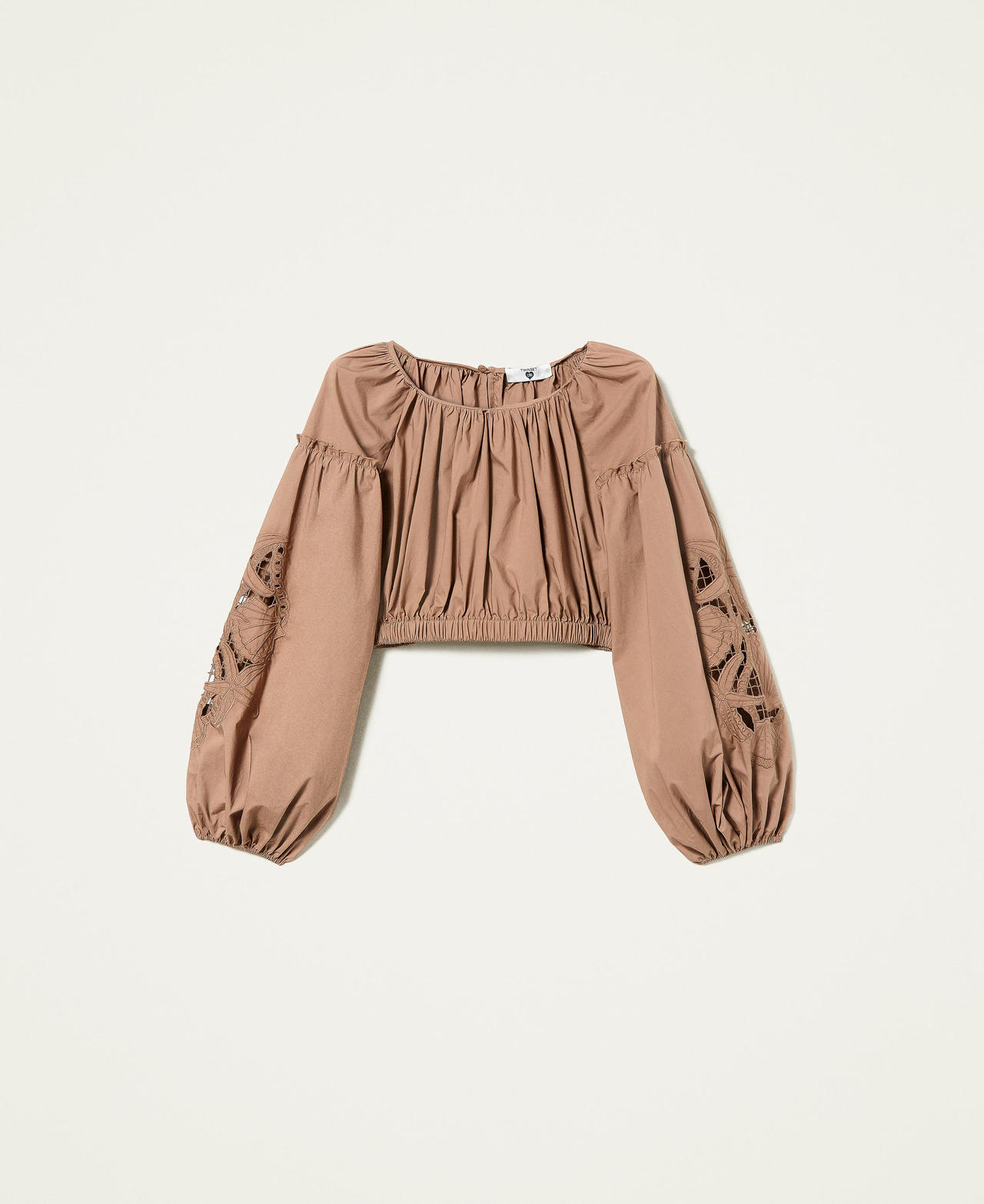 Blusa cropped de popelina con bordado Marrón «Hazel Brown» Mujer 221LB2JBB-0S